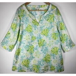 J Jill Love Linen Shirt Womens XS Sea Turtle Print Tunic Top Beach Summer Casual